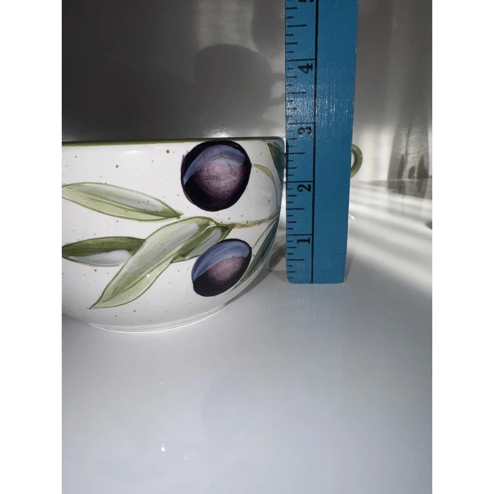 Pier 1 Sorrento Olive Branch Soup Mugs Set of 3 Earthenware Green Purple Cream